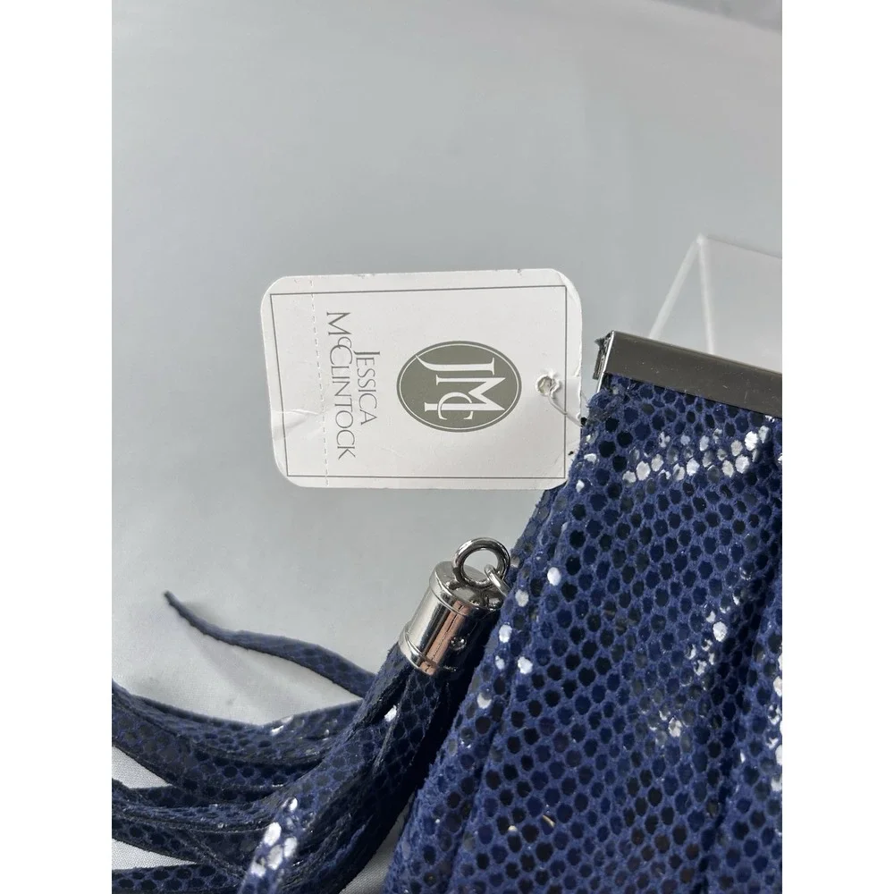 Jessica McClintock Blue Clutch Evening Bag Sequin‎ Pleated Frame Tassel NWT
